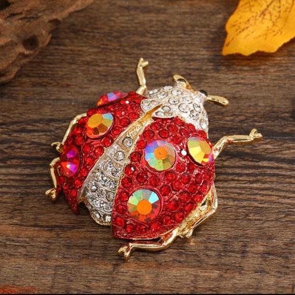 Charming Crystal Ladybug Brooch in Red and Gold